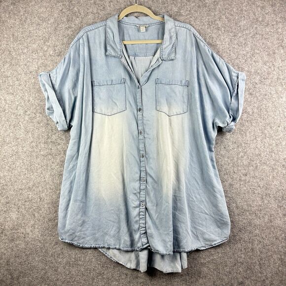 Cato Blue Chambray Top Shirt Womens 22/24 Light Distressed Wash Cuffed Button* - Picture 1 of 14